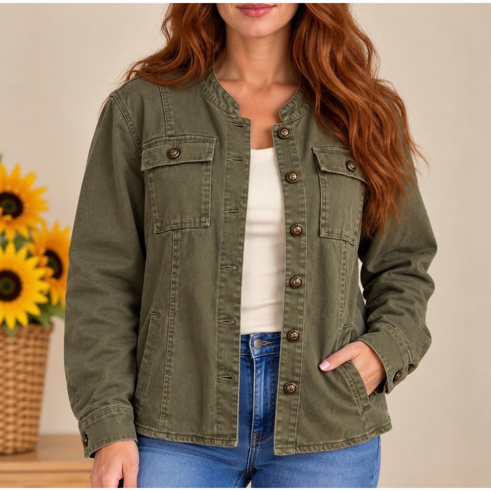 Allegra K Utility Jacket Size L Olive Green Good Button Front Collarless Twill